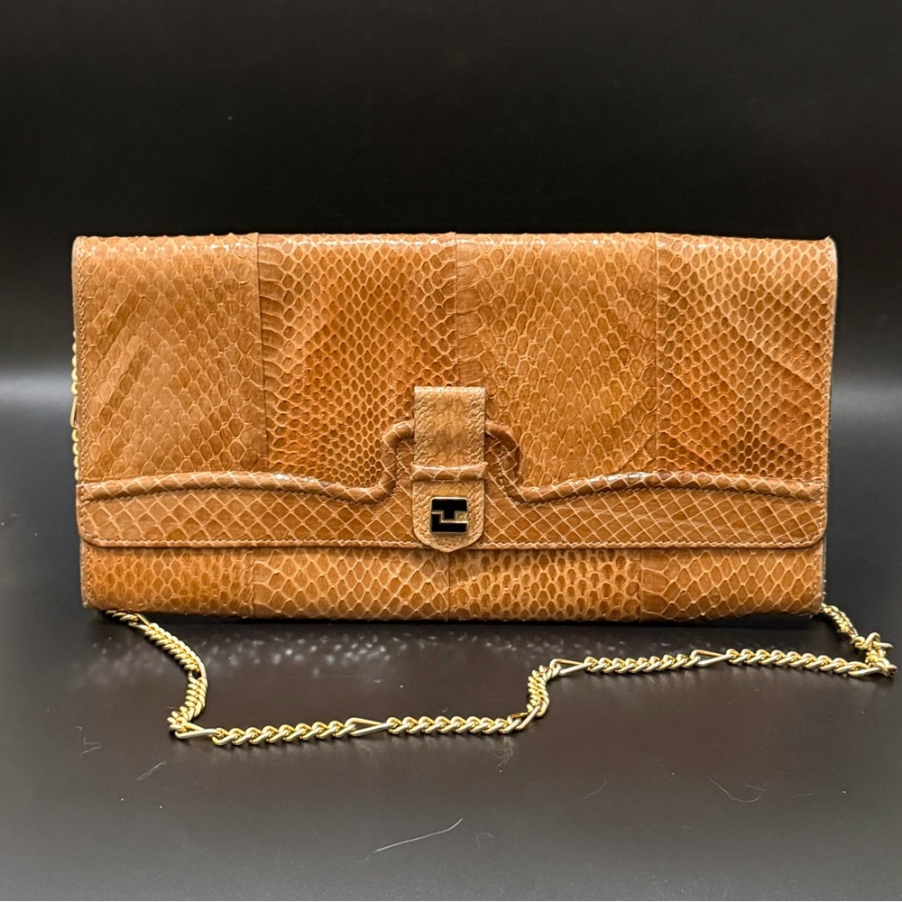 Vintage TED LAPIDUS Brown Python Snake Skin Leather Clutch Chain Shoulder Bag